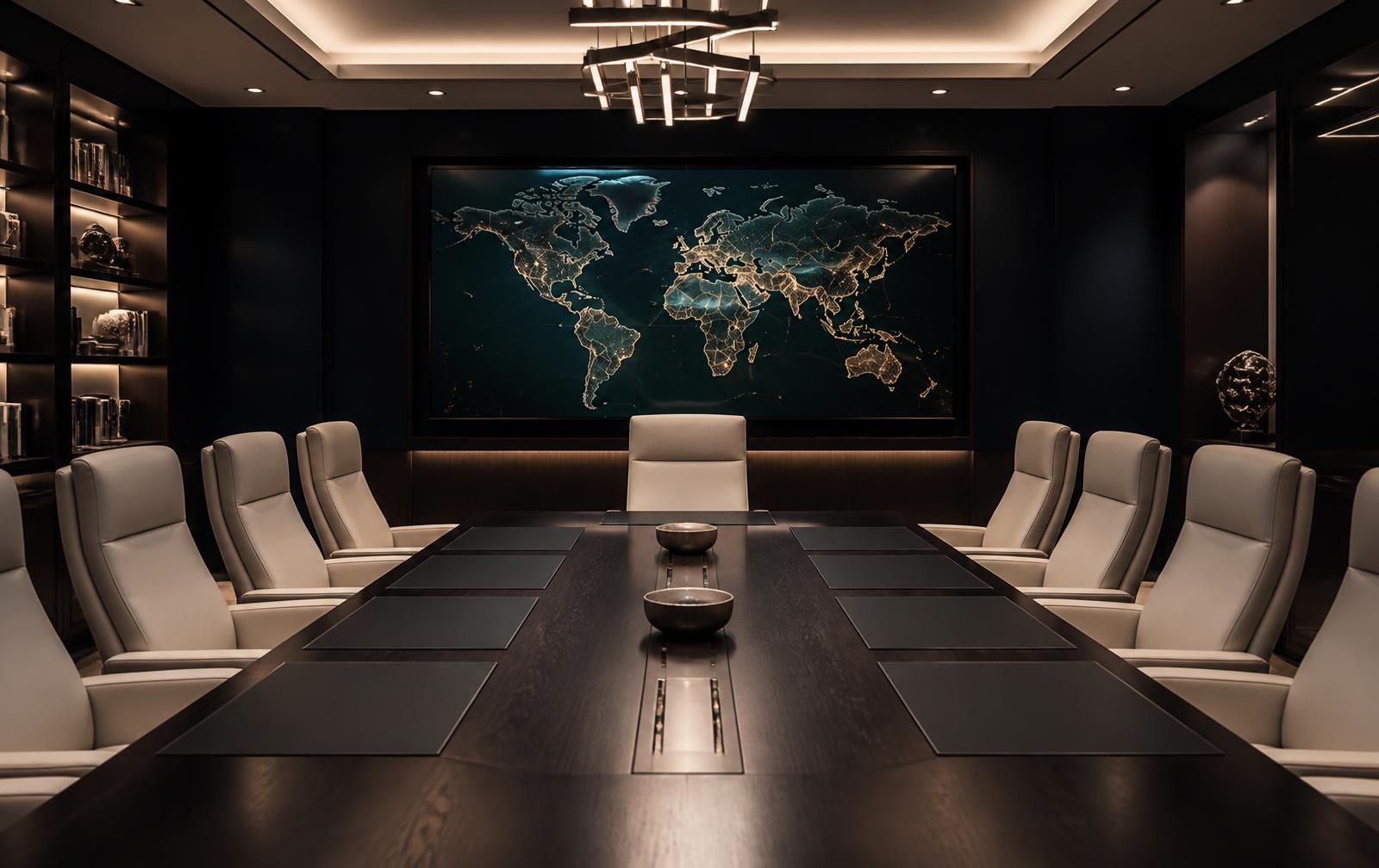 Elegant executive learning room with a large world map display